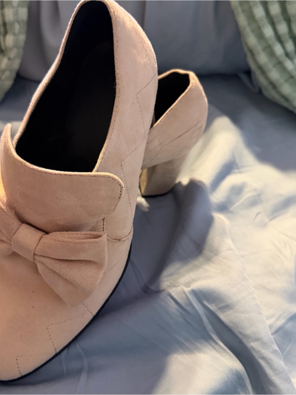 Amazon Blush Pink Suede Bow Block Heels